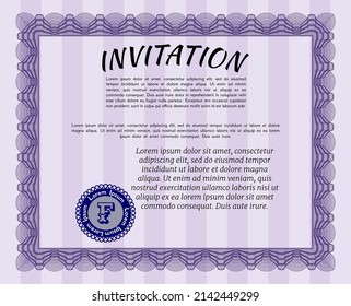 Retro vintage invitation template. Beauty design. With background. Detailed.  Violet color.