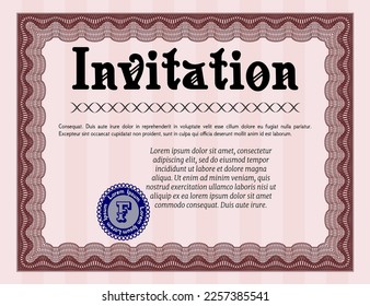 Retro vintage invitation template. Modern design. With guilloche pattern and background. Vector illustration.  Red color.