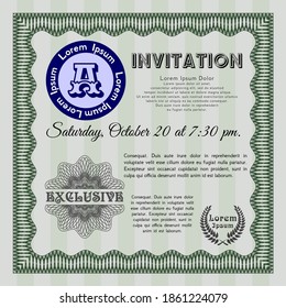 Retro vintage invitation template. Money design. With guilloche pattern and background. Detailed.  Green color.