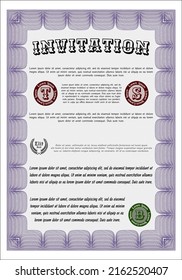 Retro vintage invitation template. Perfect design. With complex linear background. Detailed.  Violet color.