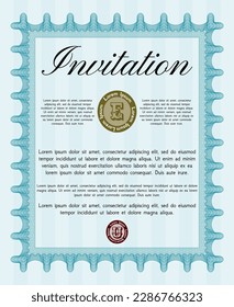 Retro vintage invitation template. Superior design. With complex background. Vector illustration.  Light blue color.
