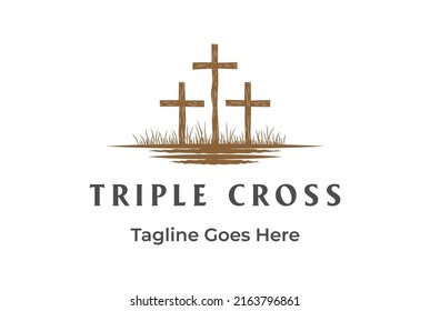 Retro Vintage Jesus Cross Two Thieves Christian Church Logo Design Vector