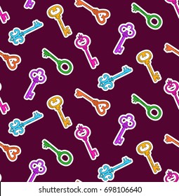 Retro vintage keys doodle sticker style seamless vector pattern