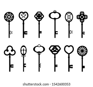 Retro Vintage Keys Silhouettes Set.  Isolated On A White Background.