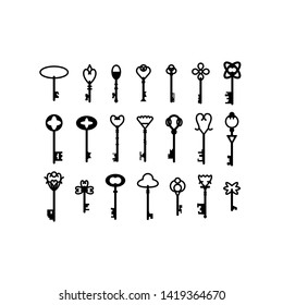 Retro vintage keys silhouettes vector set collection. Antique style keys, easy to edit.