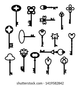 Retro vintage keys silhouettes vector set collection  Antique style keys  easy to edit 