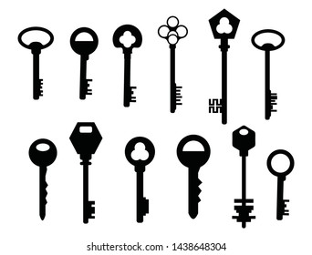 Retro vintage keys silhouettes vector set collection. Old key silhouette set isolated on white background. key icons vector