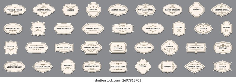 Retro vintage label frames with classic typography and ornate decorations. Elegant beige color palette and realistic paper style