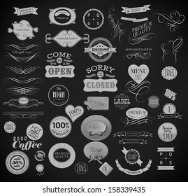 Retro Vintage labels collection/ different style label, stamp, ribbon drawing with chalk on blackboard