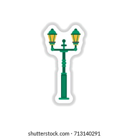 Retro vintage lamp post with electricity lantern vector illustration in paper sticker style