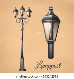Retro vintage lamp post set with electricity lantern isolated vector illustration