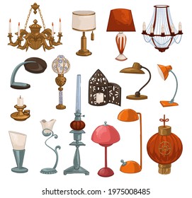 Retro and vintage lamps and sources of lights, isolated chandelier with candles, lampshade of 50s. Red chinese and modern bulbs. Decoration and furniture for home interior. Vector in flat style