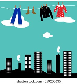 Retro vintage laundry hanging above the city. Surrealistic cute background, vector illustration