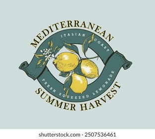 Retro Vintage Zitronengrafik, Damenfrucht Modedesign, Sommer Zitrone T Shirt Design, Italienische Sommerurlaub Print Design, Zitrone mit Brunch und Blume handgezeichnet 