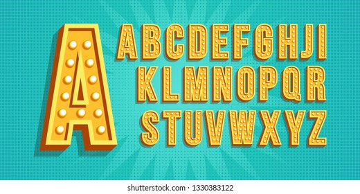 Retro Vintage light bulb lamp font or alphabet. Typography design, font bright glowing decoration, vector illustration