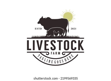 Retro Vintage Livestock logo design. Cow, pig and chicken vector illustration