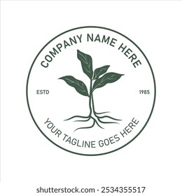 Retro vintage logo featuring an illustration of a plant with strong roots inside a circle, This design is suitable for agricultural, environmental businesses.