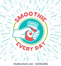 Retro vintage logo for smoothie shop.  Logo with smoothie jar and hand. Symbol, label, badge for store with drinks.  Design for smoothie every day. Vector. 