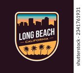 Retro Vintage Long Beach California badge Patch Stickers vector illustration with city silhouette, palm trees and ocean