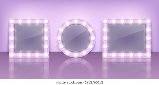 Retro vintage make up mirrors with light bulbs. Vector illustration