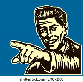 Retro vintage man smiling with pointing finger vector illustration