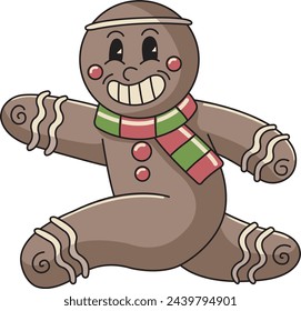 retro vintage mascot illustration of a cartoon funny jumping gingerbread man with a knitted Christmas scarf vector