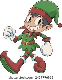 retro vintage mascot illustration of a cartoon funny elf boy with a green and red Christmas costume vector