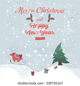 Retro Vintage Merry Christmas Greeting Card with by hand drawn sledges, christmas tree and gifts