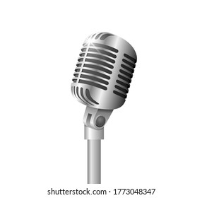 Retro vintage metal microphone on stand on white background. Mic with flare. Music, voice, record icon. Recording studio symbol. Realistic silver style vector eps illustration