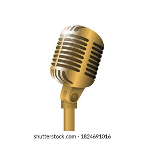 Retro Vintage Metal Microphone On Stand On White Background. Mic With Flare. Music, Voice, Record Icon. Recording Studio Symbol. Realistic Gold Style Vector Eps Illustration