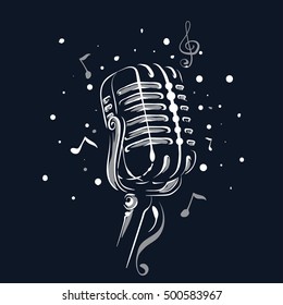 Retro vintage microphone with notes, Vector illustration