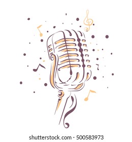 Retro vintage microphone with notes, Vector illustration