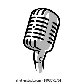 Retro vintage microphone on white background logo. Mic silhouette sign. Music, voice, record icon. Recording studio symbol. Flat stye vector illustration