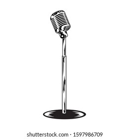 Retro vintage microphone vector on white background. Mic silhouette. Music, voice, record icon. Recording studio symbol. Flat stye vector illustration
