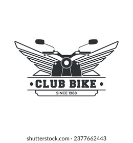 Retro Or Vintage Motorcycle Emblem Logo Design Premium Template, classic motorcycle, fly, fire, and wings element, monochrome logo badge black and white color