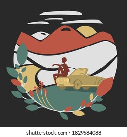 Retro vintage nature image. Girl on a cabriolet against mountains and nature backdrop.