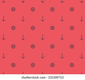 Retro, vintage nautical, marine pattern background with anchors and ship wheels for pattern fills, wallpapers and surface textures. Hipster style, clean and modern design
