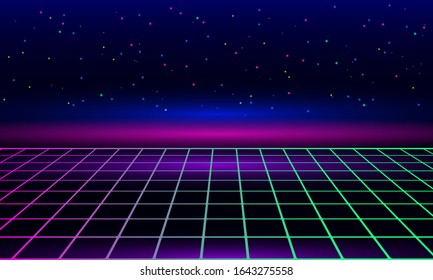 Retro vintage neon grid horizon of the 80s and 90s. Banner for printing night disco parties. web template. Vector illustration. Retrowave and synthwave