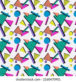 Retro vintage neon memphis 80s or 90s fashion style abstract pattern background. Good for textile fabric design, wrapping paper and website wallpapers. Vector illustration, old computer, old school.