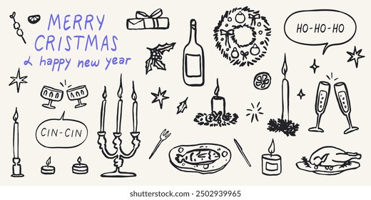 Retro vintage new year drawing set in doodle line art contemporary minimalist print style. Christmas table decorated with candles, food, beverage. Hand drawn ink holiday menu elements collection.