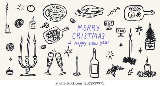 Retro vintage new year drawing set in doodle line art contemporary minimalist print style. Christmas table decorated with candles, food, beverage. Hand drawn ink holiday menu elements collection.