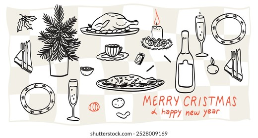 Desenho de ano novo vintage retrô definido em estilo de impressão minimalista contemporâneo de arte de linha doodle. Mesa de Natal decorada com velas, comida, vinho ou champanhe. Coleção de menus de feriados de tinta desenhada à mão.