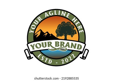 Retro Vintage Oak Banyan Tree Forest with Mountain Hill Badge Emblem Label Logo Design Vector