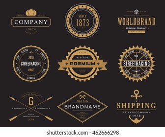 Retro or vintage, old banners and labels, symbol or insignia, badge for company or business logotype with crown and bike, street racing and ship wheel, axe and anchor, arrows and ribbon