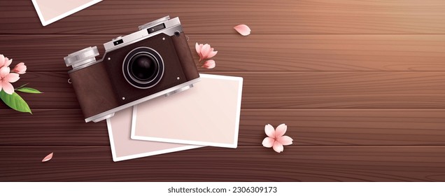 Retro vintage old camera realistic composition with top view of wooden table with roll film camera vector illustration