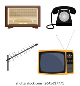 Retro, vintage, old electronic devices set: phone, radio, TV, and antenna. Old-fashioned, retro-styled, obsolete technology. Vector icon set, collection.