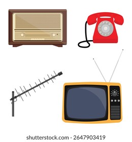 Retro, vintage, old electronic devices set: phone, radio, TV, and antenna. Old-fashioned, retro-styled, obsolete technology. Vector icon set, collection.
