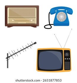 Dispositivos eletrônicos antigos, antigos e retrô: telefone, rádio, TV e antena. Tecnologia antiquada, retrô, obsoleta. Conjunto de ícones de vetor, coleção.