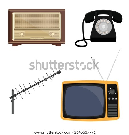 Retro, vintage, old electronic devices set: phone, radio, TV, and antenna. Old-fashioned, retro-styled, obsolete technology. Vector icon set, collection.