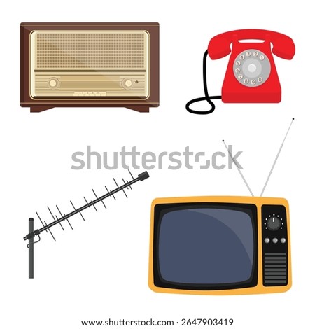 Retro, vintage, old electronic devices set: phone, radio, TV, and antenna. Old-fashioned, retro-styled, obsolete technology. Vector icon set, collection.